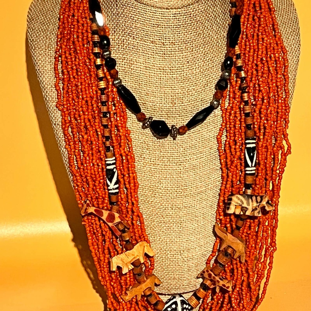 Tribal Ethnic Necklace Bundle Coral Seed Bead & Wood Carved Animals